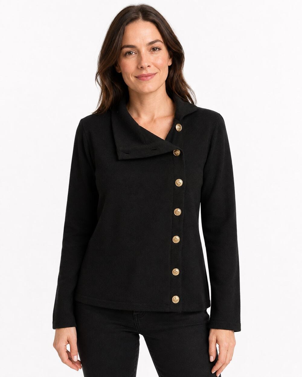 Joseph Ribkoff Asymmetrical Gold Button Sweater Black Size 8 Collar